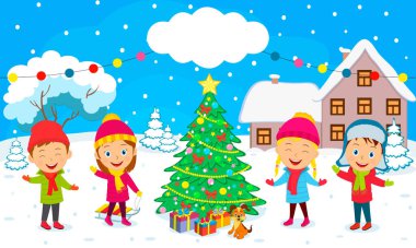 Çocuklar kışın ve Noel ağacında. Resim, vektör