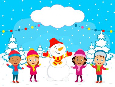 çocuklar kışın ve kardan adam, illüstrasyon, vektör