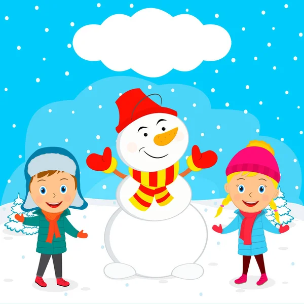 Bambini Inverno Pupazzo Neve Illustrazione Vettore — Vettoriale Stock