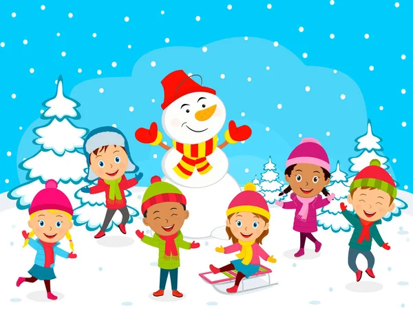 Bambini Giocano Inverno Sullo Sfondo Invernale Illustrazione Vettore — Vettoriale Stock