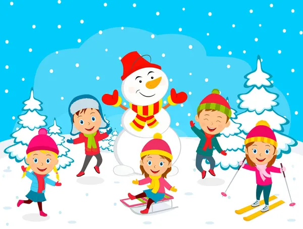 Dzieci Bawią Się Zimą Tle Zimowym Ilustracja Wektor — Wektor stockowy