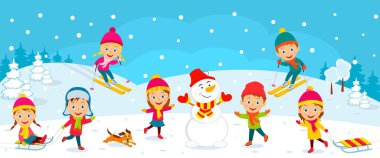 Çocuklar kışın arka planda oynarlar, illüstrasyon, vektör