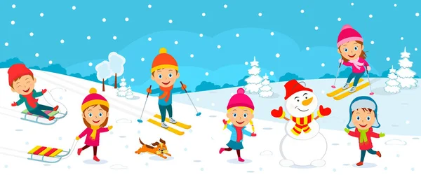 Bambini Giocano Inverno Sullo Sfondo Invernale Illustrazione Vettore — Vettoriale Stock