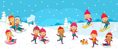 kids play outdoor in winter on the winter background,illustration,vector