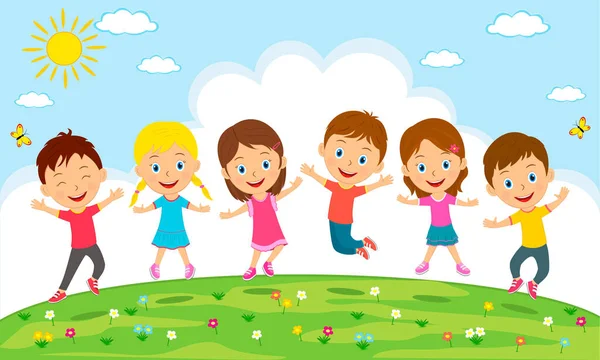 Kinderen Springen Zomerachtergrond Illustratie Vector — Stockvector