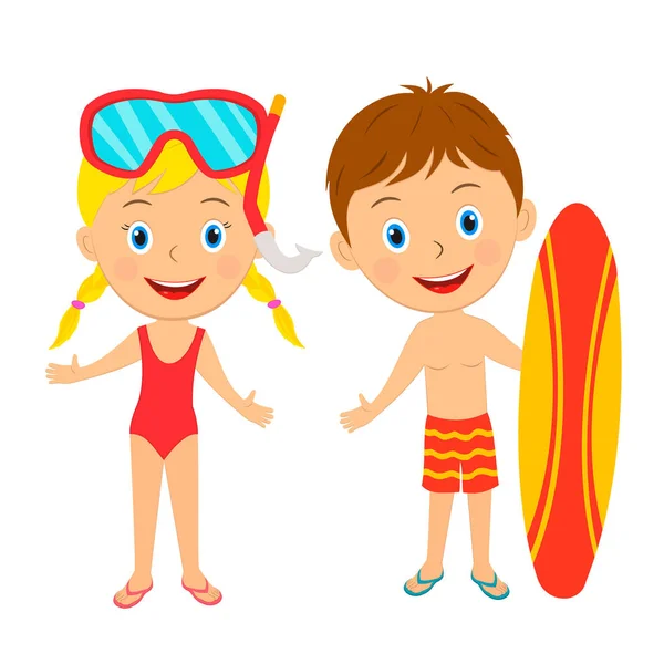 Attività Estive Bambini Ragazzo Con Tavola Surf Attrezzatura Snorkeling Ragazza — Vettoriale Stock