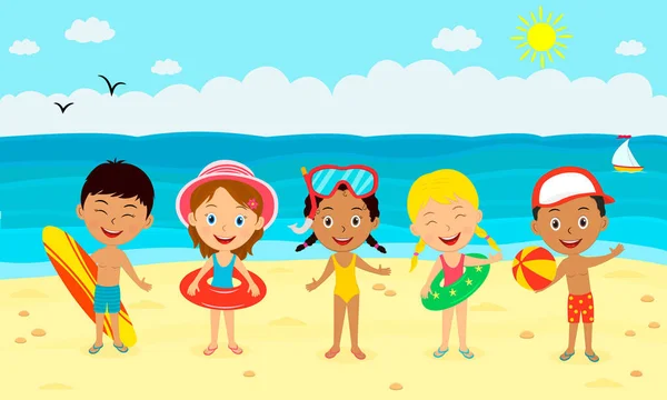 Actividad Verano Los Niños Niños Niñas Pie Juntos Ilustración Vector — Vector de stock