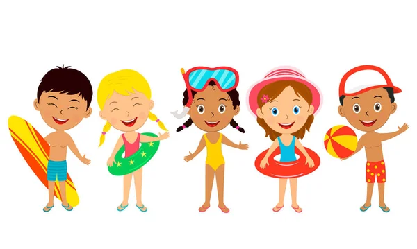 Kids Summer Activity Boys Girls Stand Together Illustration Vector — Stock Vector