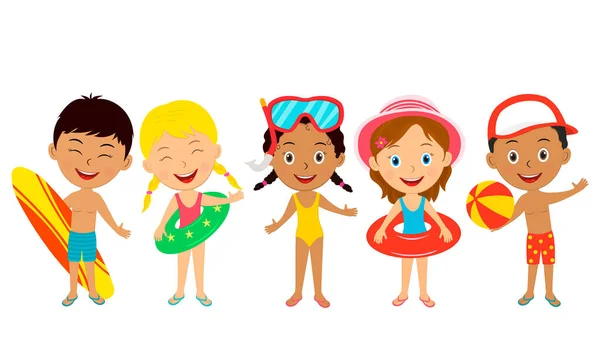 Actividad Verano Los Niños Niños Niñas Pie Juntos Ilustración Vector Vector de stock