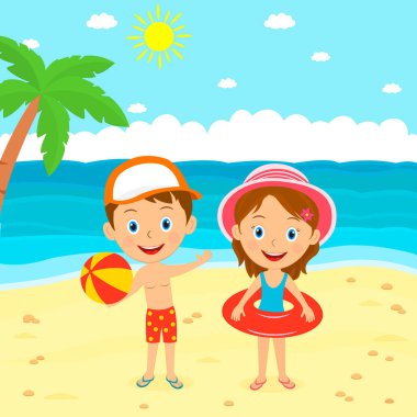 Çocuklar yaz aktivitesi, toplu oğlan ve lastik halkalı kız, illüstrasyon, vektör