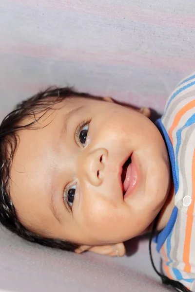 Close Portrait Small Innocent Baby Smiling Looking Camera — Stock Photo, Image