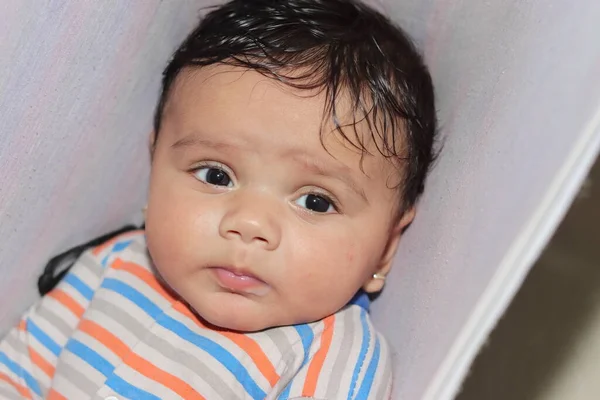 Close Indian Little Newborn Innocent Baby Sad Thinking Face — Stock Photo, Image