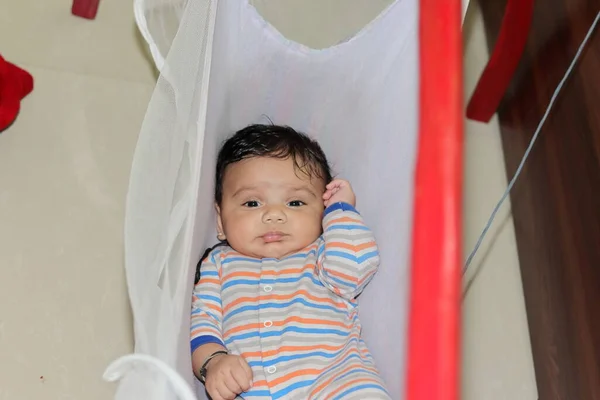 Close Indian Little Newborn Innocent Baby Thinking While Sleeping Crib — Stock Photo, Image