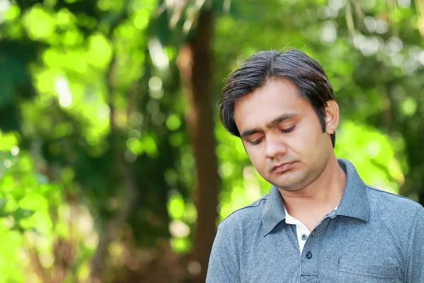 Close Photo Indian Young Adult Boy Looking Thinking Thinking Something — Zdjęcie stockowe