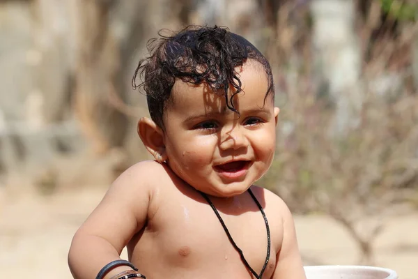 Close Photo Small Cute Indian Hindu Baby Looks Camera While — Foto de Stock