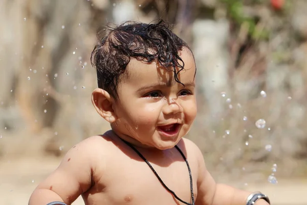 Close Photo Small Cute Indian Hindu Baby Child Expresses Happiness — 스톡 사진