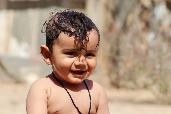 Close Photo Small Cute Indian Hindu Child Expresses Happiness While — Foto de Stock