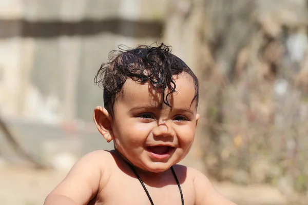 Close Photo Small Cute Indian Hindu Baby Taking Bath Clothes — Foto de Stock
