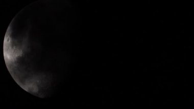 Close-up of Full moon on dark cloudy night. Clouds passing by the moon in spooky feeling like thriller and horror films. India