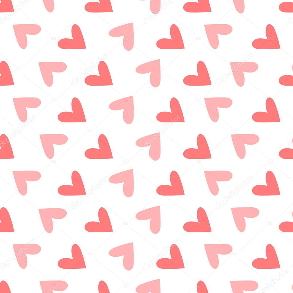 Pink hearts seamless pattern on a white background. Valentines day. Use for print, wallpaper, decoration, fabric, textile. Vector illustration in flat style.