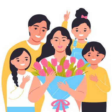 Family gives a woman flowers.Woman with a bouquet. International Womens Day.Flat Vector Illustration.