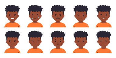 Set of children's Avatars. Afro boy. Different emotions.Flat Vector illustration