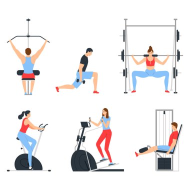 Spor salonundaki bir grup insan. Erkekler ve kadınlar spor aletleri üzerinde egzersiz yapıyorlar. Sağlıklı yaşam tarzı. Düz vektör çizimi beyaz arkaplanda izole edildi