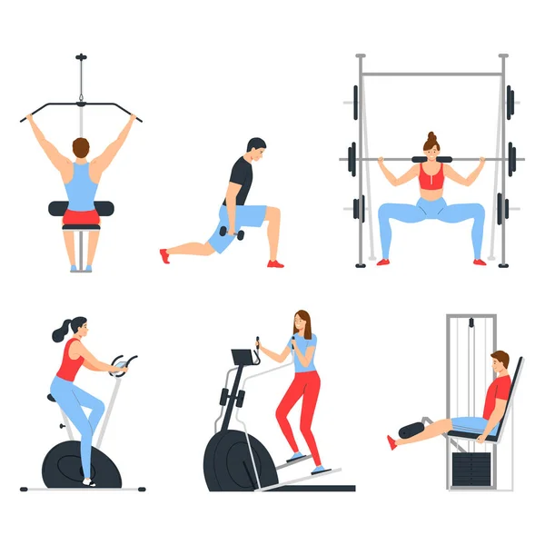 Ομάδα Ανθρώπων Στο Γυμναστήριο Άνδρες Και Γυναίκες Κάνουν Ασκήσεις Αθλητικού — Διανυσματικό Αρχείο