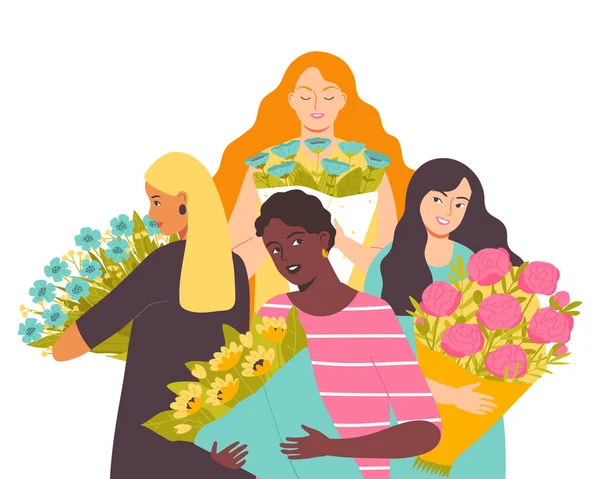 Grupo Mujeres Con Bouquets Characters Diferentes Nacionalidades Vector Plano Ilustración — Archivo Imágenes Vectoriales