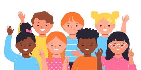幸せな子供たちのグループ 子供の友情 フラットベクトルイラスト — ストックベクタ