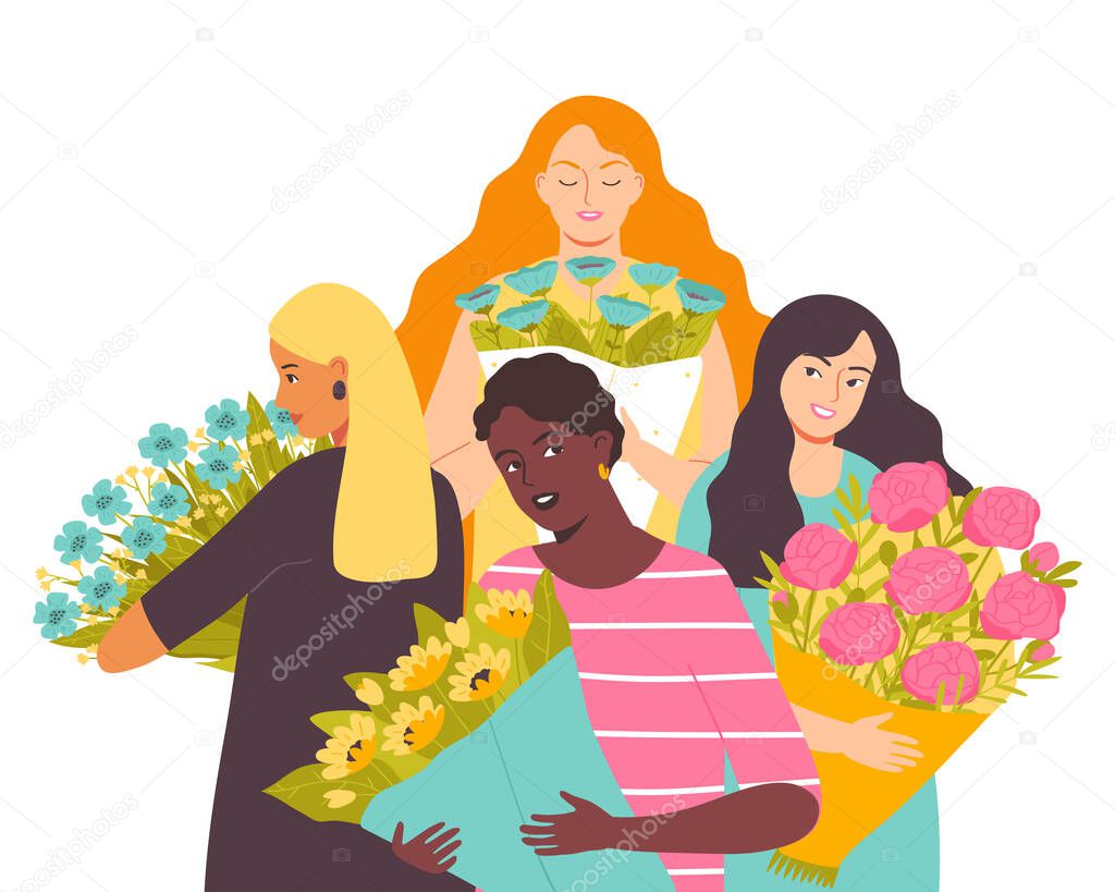 Group of Women with bouquets.Characters of different nationalities.Flat Vector Illustration