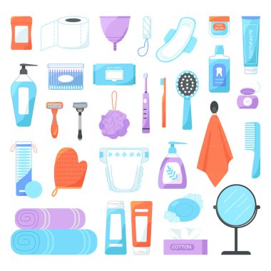 Güzellik, kaplıca ve hijyen ürünleri beyaz arka planda izole edildi. Çizgi film Vektör İllüstrasyonu