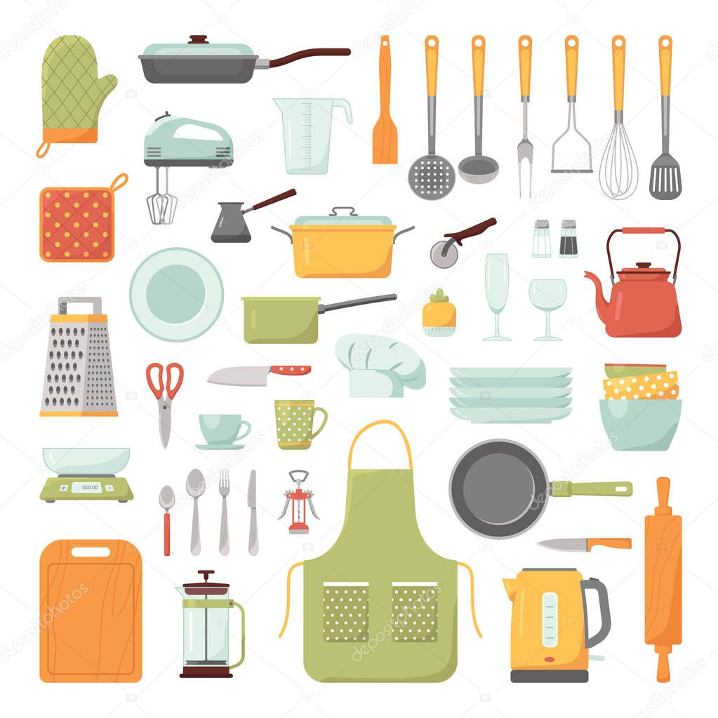Set of kitchen tools isolated on white background. Kitchenware collection.Cartoon Vector Illustration