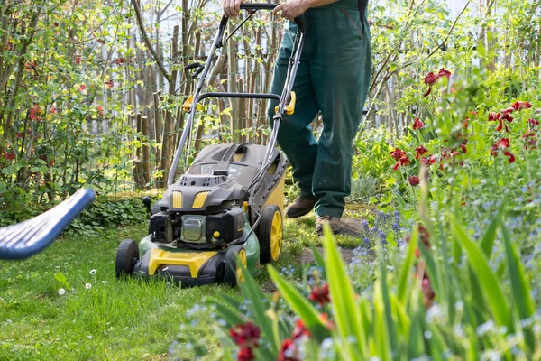 Close Gardener Green Overall Pushing Lawnmower Small Backyard Spring — 图库照片