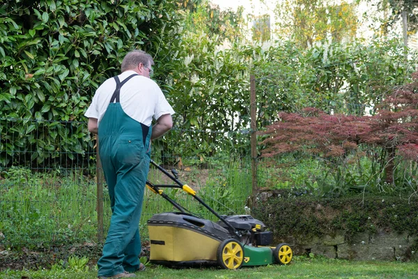 Man Som Knuffar Gräsklippare Genom Liten Bakgård Våren Bakre Syn — Stockfoto