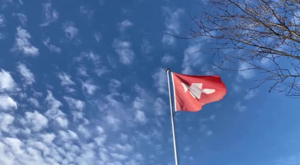 Bandeira Suíça Dia Ventoso Com Céu Azul Nuvens Brancas Vista — Vídeo de Stock