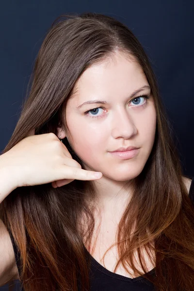 Woman simulate phone calling — Stock Photo, Image