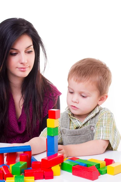 Boy with mother play block toys — Stock Photo, Image
