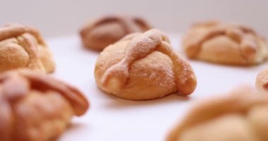 Geleneksel Meksika gününde, temiz bir arkaplanda ölü ekmeklerin etrafında dolaşan bir kamera.