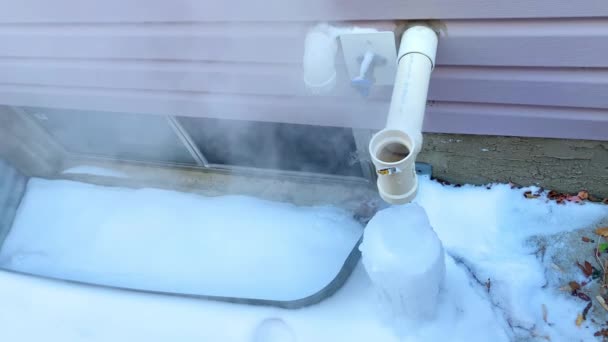 View Working Furnace Winter Ice Frost Buildup Venting Pipes — Stockvideo