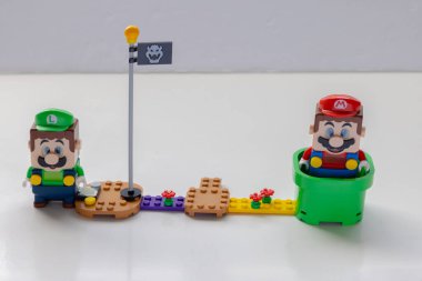 Calgary, Alberta, Canada. Jan 9, 2022. LEGO Mario and Luigi figure Interactive brick game