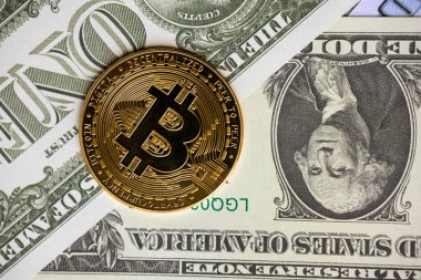 Calgary, AB 'den. Kanada mı? 22 Şubat 2022. Arkasında Amerikan parası olan bir Bitcoin. Merkezi bir banka ya da kullanıcıdan kullanıcıya gönderilebilecek tek bir yönetici olmadan merkezi olmayan bir dijital para birimi.