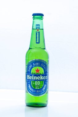 Calgary, Alberta, Canada. Aug 19, 2022. A bottle of a Heineken 0.0 Non alcoholic beer zero alcohol on a white background.
