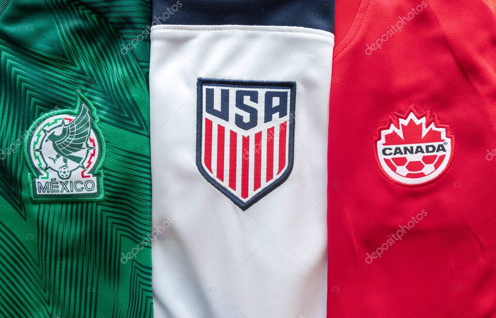 Calgary, Alberta. Canada. Sep 11, 2022. Mexican, American and Canadian Soccer football jersey. Concept: North America 2026 FIFA World.
