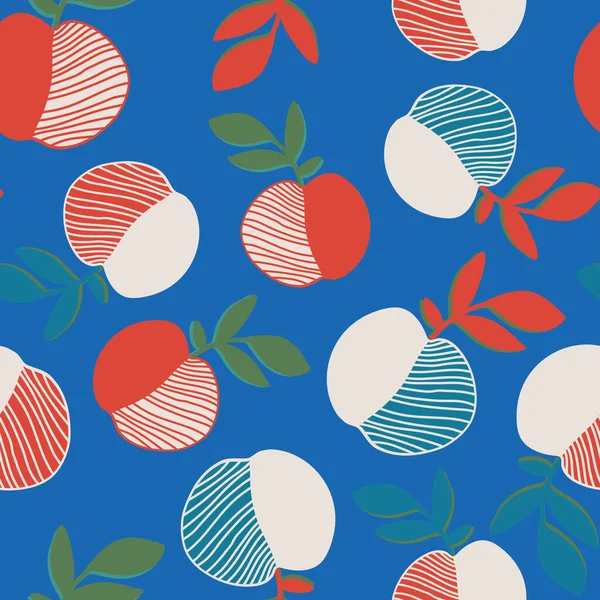 Azul con manzanas rojas, azules con rayas blancas diseño de fondo sin costuras. — Vector de stock