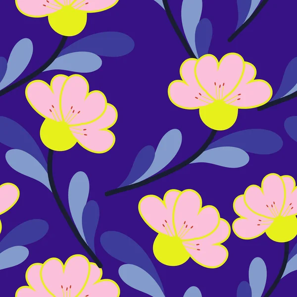 Blue with pink and yellow flowers and light blue and purple petals seamless pattern background design.
