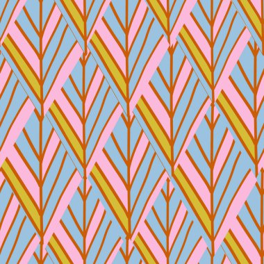 Bebek mavisi ve sarı geometrik elmas şekilli pembe kusursuz desenli arka plan tasarımı. Ev dekorasyonu, moda ve tekstil tasarım projeleri için harika. Yüzey deseni tasarımı.