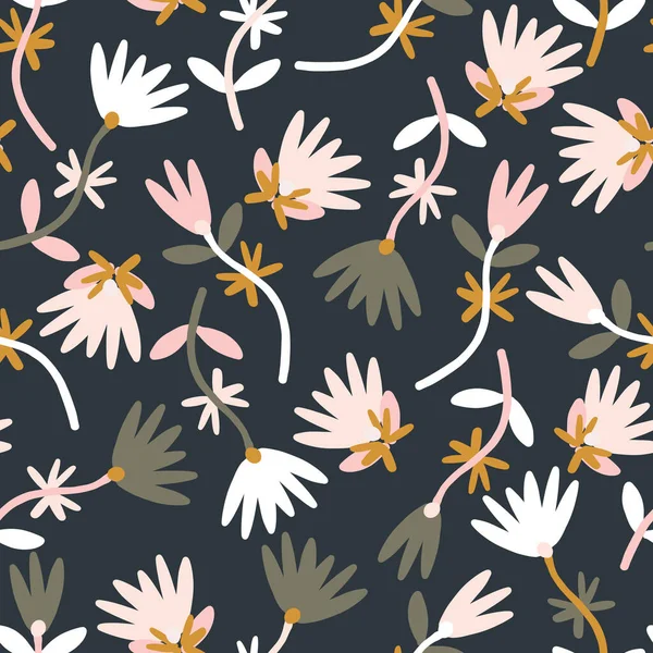 Dark Blue White Yellow Khaki Flowers Seamless Pattern Background Design — Vettoriale Stock