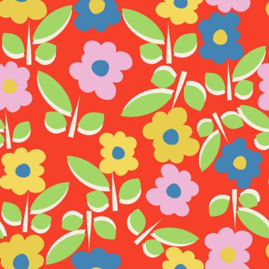 Red with whimsical blue, light pink and yellow flower elements with their stems and leaves seamless pattern background design. Great for home interior, fashion and outdoor design projects. Surface