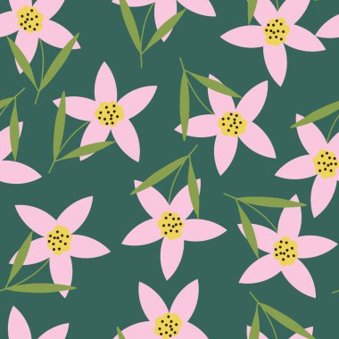 Green with pink whimsical flowers seamless pattern background design. Great for home interior, kitchen and sewing projects. Surface pattern design.